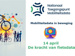Aankondigingsbeeld van NTM webinar fietsdata, waarop afgebeeld staat: het logo van NTM, de datum 21 apr van webinar en de naam van het webinar