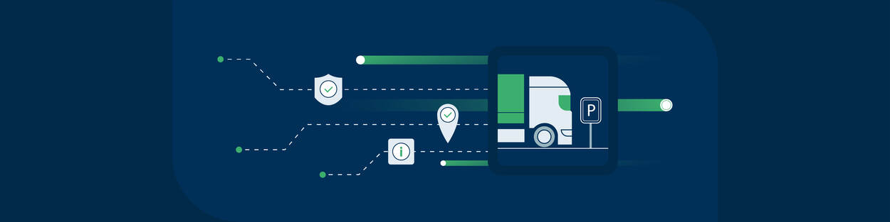Banner Register Truckparking, donkerblauwe achtergrond met vrachtwagen element